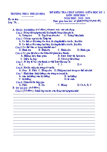 Đề kiểm tra chất lượng giữa học kì I môn Sinh học Lớp 7 - Năm học 2019-2020 - Trường THCS Thuận Hòa (Có đáp án)