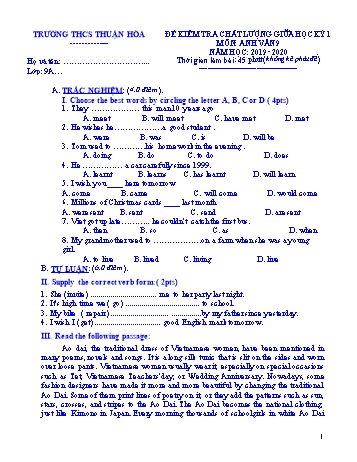 Đề kiểm tra chất lượng giữa học kì I môn Tiếng Anh Lớp 9 - Năm học 2019-2020 - Trường THCS Thuận Hòa (Có đáp án)