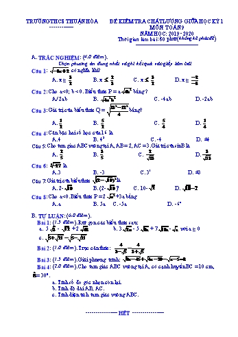 Đề kiểm tra chất lượng giữa học kì I môn Toán Lớp 9 - Năm học 2019-2020 - Trường THCS Thuận Hòa (Có đáp án)
