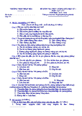 Đề kiểm tra chất lượng giữa học kì I môn Vật lý Lớp 7 - Năm học 2019-2020 - Trường THCS Thuận Hòa (Có đáp án)