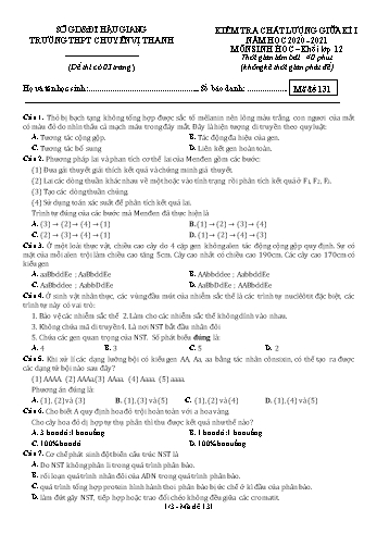 Đề kiểm tra chất lượng giữa kì I môn Sinh học Lớp 12 - Mã đề: 131 - Năm học 2020-2021 - Trường THPT Chuyên Vị Thanh