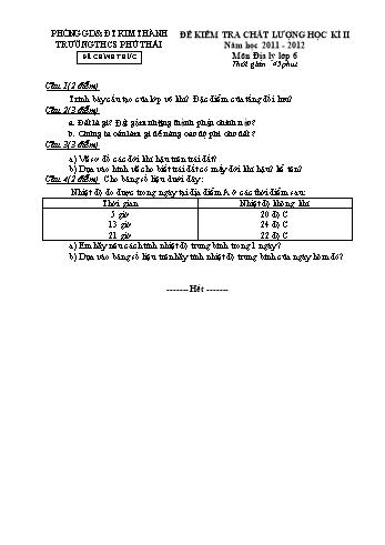 Đề kiểm tra chất lượng học kì II môn Địa lí Lớp 6 - Năm học 2011-2012 - Trường THCS Phú Thái (Có đáp án)
