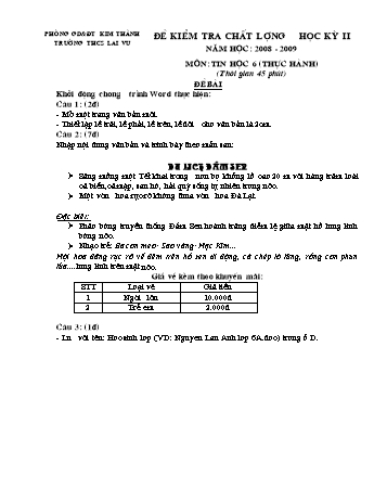 Đề kiểm tra chất lượng học kì II môn Tin học Lớp 6 (Phần thực hành) - Năm học 2008-2009 - Trường THCS Lai Vu (Có đáp án)