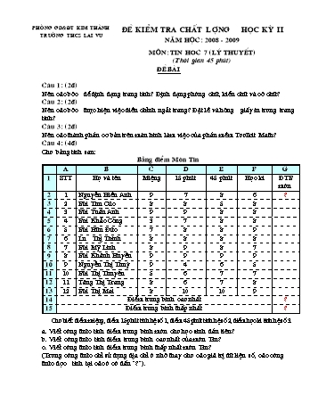 Đề kiểm tra chất lượng học kì II môn Tin học Lớp 7 (Phần lý thuyết) - Năm học 2008-2009 - Trường THCS Lai Vu (Có đáp án)