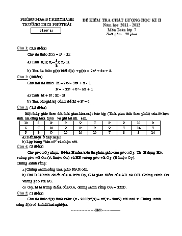 Đề kiểm tra chất lượng học kì II môn Toán Lớp 7 - Năm học 2011-2012 - Trường THCS Phú Thái (Có đáp án)