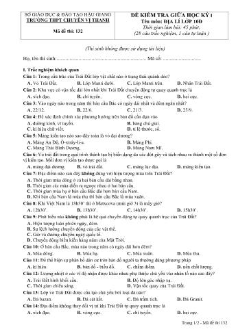 Đề kiểm tra giữa học kì I môn Địa lí Lớp 10 - Mã đề: 132 - Trường THPT Chuyên Vị Thanh