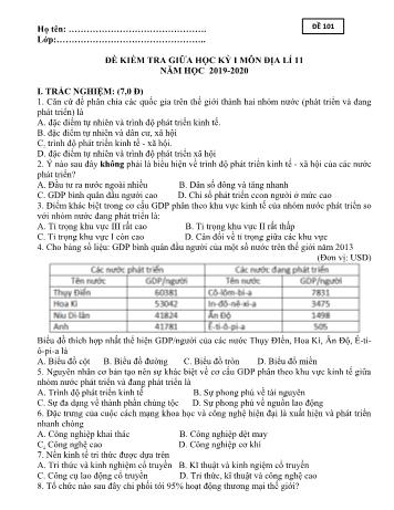 Đề kiểm tra giữa học kì I môn Địa lí Lớp 11 - Đề 101 - Năm học 2019-2020