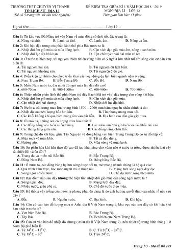 Đề kiểm tra giữa học kì I môn Địa lí Lớp 12 - Mã đề: 209 - Năm học 2018-2019 - Trường THPT Chuyên Vị Thanh