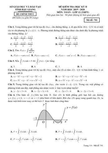 Đề kiểm tra học kì 2 môn Toán Lớp 12 - Mã đề: 701 - Năm học 2019-2020 - Sở GD&ĐT Hậu Giang