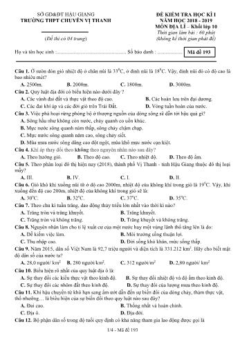 Đề kiểm tra học kì I môn Địa lí Lớp 10 - Mã đề: 193 - Năm học 2018-2019 - Trường THPT Chuyên Vị Thanh