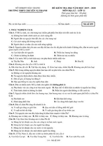 Đề kiểm tra học kì I môn Địa lí Lớp 11 - Mã đề: 99 - Năm học 2019-2020 - Trường THPT Chuyên Vị Thanh