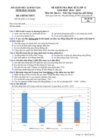 Đề kiểm tra học kì I môn Địa lí Lớp 12 - Mã đề: 501 - Năm học 2018-2019 - Sở GD&ĐT Hậu Giang (Kèm đáp án)