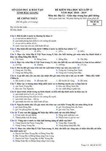 Đề kiểm tra học kì I môn Địa lí Lớp 12 - Mã đề: 503 - Năm học 2018-2019 - Sở GD&ĐT Hậu Giang (Kèm đáp án)