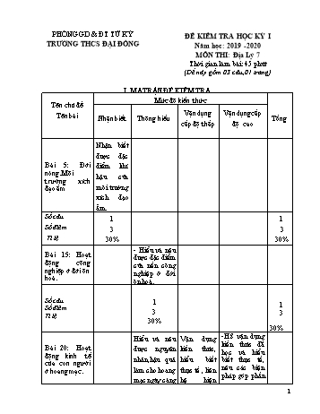 Đề kiểm tra học kì I môn Địa lí Lớp 7 - Năm học 2019-2020 - Trường THCS Đại Đồng (Có đáp án)