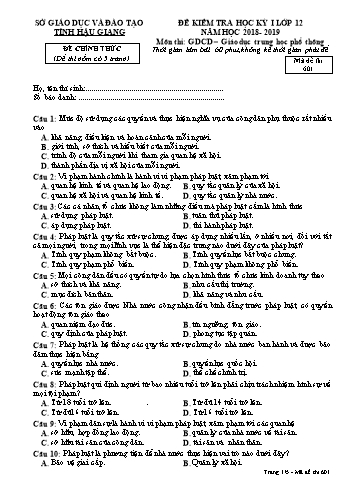 Đề kiểm tra học kì I môn GDCD Lớp 12 - Mã đề: 601 - Năm học 2018-2019 - Sở GD&ĐT Hậu Giang (Kèm đáp án)