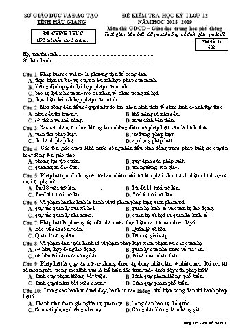 Đề kiểm tra học kì I môn GDCD Lớp 12 - Mã đề: 602 - Năm học 2018-2019 - Sở GD&ĐT Hậu Giang (Kèm đáp án)