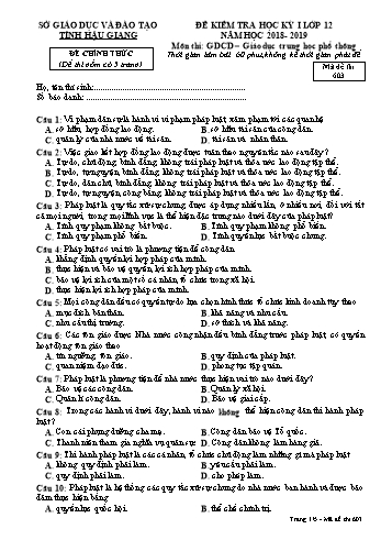 Đề kiểm tra học kì I môn GDCD Lớp 12 - Mã đề: 603 - Năm học 2018-2019 - Sở GD&ĐT Hậu Giang (Kèm đáp án)