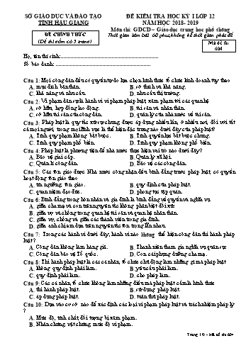 Đề kiểm tra học kì I môn GDCD Lớp 12 - Mã đề: 604 - Năm học 2018-2019 - Sở GD&ĐT Hậu Giang (Kèm đáp án)