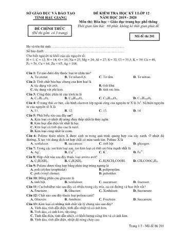 Đề kiểm tra học kì I môn Hóa học Lớp 12 - Mã đề: 201 - Năm học 2019-2020 - Sở GD&ĐT Hậu Giang