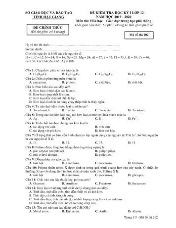 Đề kiểm tra học kì I môn Hóa học Lớp 12 - Mã đề: 202 - Năm học 2019-2020 - Sở GD&ĐT Hậu Giang