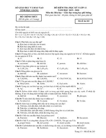 Đề kiểm tra học kì I môn Hóa học Lớp 12 - Mã đề: 203 - Năm học 2019-2020 - Sở GD&ĐT Hậu Giang