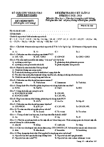 Đề kiểm tra học kì I môn Hóa học Lớp 12 - Mã đề: 203 - Năm học 2018-2019 - Sở GD&ĐT Hậu Giang (Kèm đáp án)