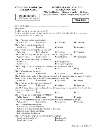 Đề kiểm tra học kì I môn Hóa học Lớp 12 - Mã đề: 204 - Năm học 2019-2020 - Sở GD&ĐT Hậu Giang