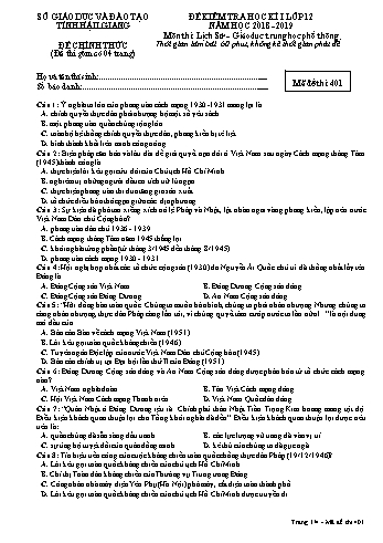 Đề kiểm tra học kì I môn Lịch sử Lớp 12 - Mã đề: 401 - Năm học 2018-2019 - Sở GD&ĐT Hậu Giang (Kèm đáp án)