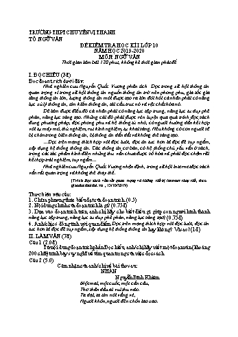 Đề kiểm tra học kì I môn Ngữ Văn Lớp 10 - Năm học 2019-2020 - Trường THPT Chuyên Vị Thanh (Có đáp án)