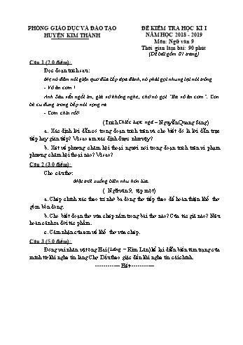 Đề kiểm tra học kì I môn Ngữ Văn Lớp 9 - Năm học 2018-2019 - Phòng GD&ĐT Kim Thành (Có đáp án)