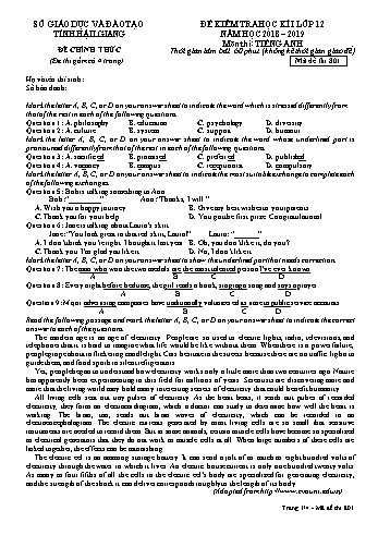 Đề kiểm tra học kì I môn Tiếng Anh Lớp 12 - Mã đề: 801 - Năm học 2018-2019 - Sở GD&ĐT Hậu Giang (Kèm đáp án)