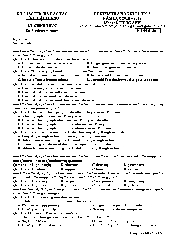 Đề kiểm tra học kì I môn Tiếng Anh Lớp 12 - Mã đề: 804 - Năm học 2018-2019 - Sở GD&ĐT Hậu Giang (Kèm đáp án)