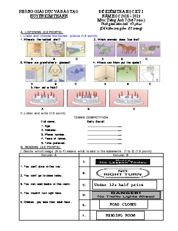 Đề kiểm tra học kì I môn Tiếng Anh Lớp 7 (Hệ 7 năm) - Năm học 2018-2019 - Phòng GD&ĐT Kim Thành (Có đáp án)