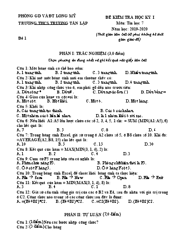 Đề kiểm tra học kì I môn Tin học Lớp 7 - Đề 1 - Năm học 2019-2020 - Trường THCS Trương Tấn Lập
