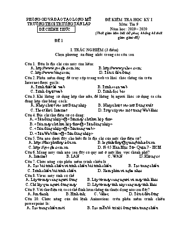 Đề kiểm tra học kì I môn Tin học Lớp 9 - Đề 1 - Năm học 2019-2020 - Trường THCS Trương Tấn Lập