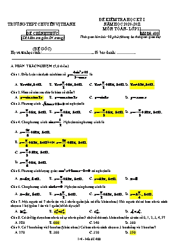 Đề kiểm tra học kì I môn Toán Lớp 11 - Mã đề: 400 - Năm học 2020-2021 - Trường THPT Chuyên Vị Thanh (Có đáp án)