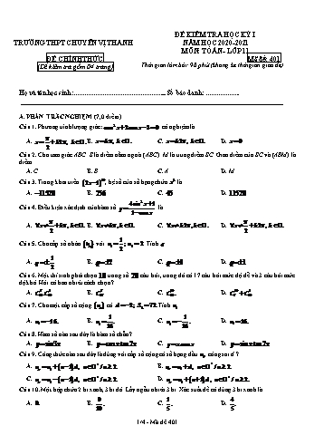 Đề kiểm tra học kì I môn Toán Lớp 11 - Mã đề: 401 - Năm học 2020-2021 - Trường THPT Chuyên Vị Thanh (Kèm đáp án)