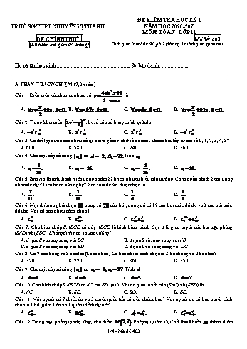 Đề kiểm tra học kì I môn Toán Lớp 11 - Mã đề: 403 - Năm học 2020-2021 - Trường THPT Chuyên Vị Thanh (Kèm đáp án)