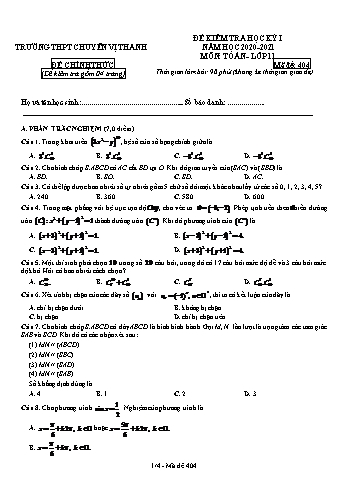 Đề kiểm tra học kì I môn Toán Lớp 11 - Mã đề: 404 - Năm học 2020-2021 - Trường THPT Chuyên Vị Thanh (Kèm đáp án)