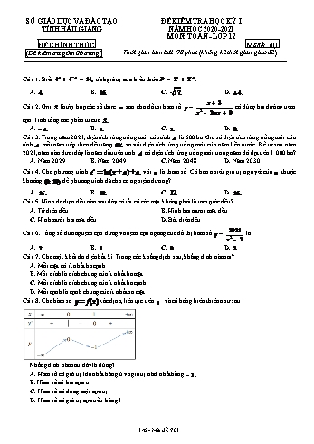 Đề kiểm tra học kì I môn Toán Lớp 12 - Mã đề: 701 - Năm học 2020-2021 - Sở GD&ĐT Hậu Giang