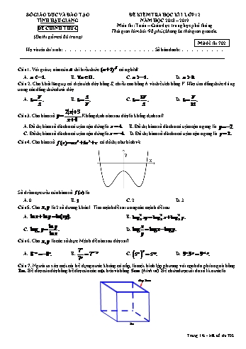 Đề kiểm tra học kì I môn Toán Lớp 12 - Mã đề: 702 - Năm học 2018-2019 - Sở GD&ĐT Hậu Giang (Kèm đáp án)