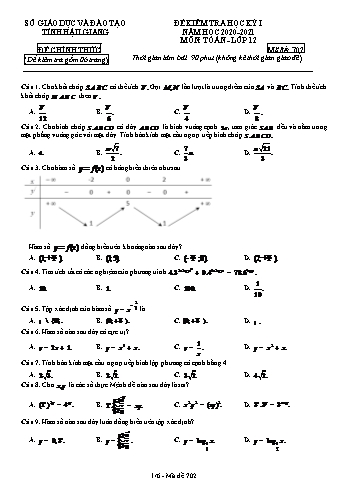 Đề kiểm tra học kì I môn Toán Lớp 12 - Mã đề: 702 - Năm học 2020-2021 - Sở GD&ĐT Hậu Giang