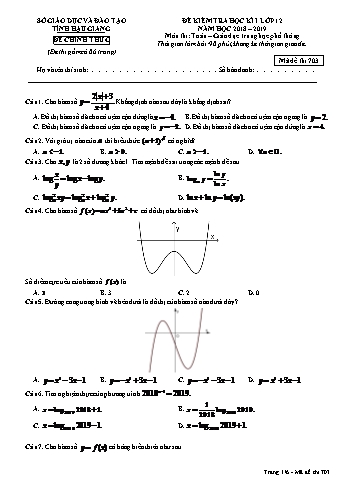 Đề kiểm tra học kì I môn Toán Lớp 12 - Mã đề: 703 - Năm học 2018-2019 - Sở GD&ĐT Hậu Giang (Kèm đáp án)