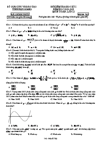 Đề kiểm tra học kì I môn Toán Lớp 12 - Mã đề: 703 - Năm học 2020-2021 - Sở GD&ĐT Hậu Giang