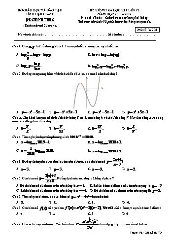 Đề kiểm tra học kì I môn Toán Lớp 12 - Mã đề: 704 - Năm học 2018-2019 - Sở GD&ĐT Hậu Giang (Kèm đáp án)