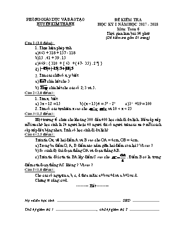 Đề kiểm tra học kì I môn Toán Lớp 6 - Năm học 2017-2018 - Phòng GD&ĐT Kim Thành (Có đáp án)