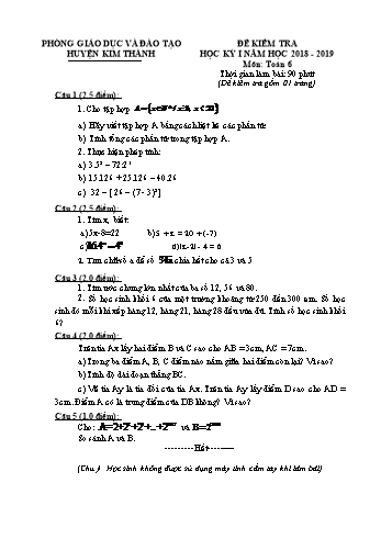 Đề kiểm tra học kì I môn Toán Lớp 6 - Năm học 2018-2019 - Phòng GD&ĐT Kim Thành (Có đáp án)