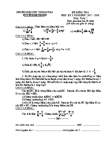 Đề kiểm tra học kì I môn Toán Lớp 7 - Năm học 2017-2018 - Phòng GD&ĐT Kim Thành (Có đáp án)