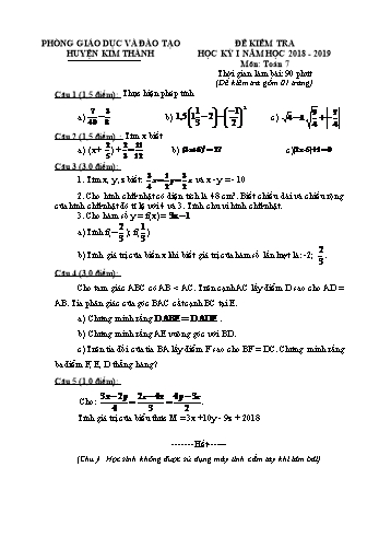 Đề kiểm tra học kì I môn Toán Lớp 7 - Năm học 2018-2019 - Phòng GD&ĐT Kim Thành (Có đáp án)