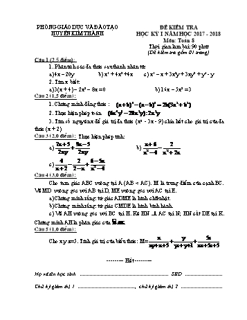 Đề kiểm tra học kì I môn Toán Lớp 8 - Năm học 2017-2018 - Phòng GD&ĐT Kim Thành (Có đáp án)